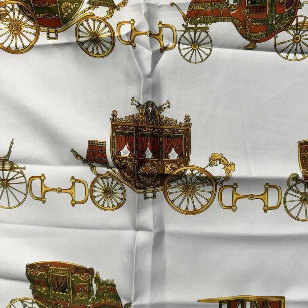 VTG Italian Carriage Print Silk-Style Scarf‎ Stage Coach Brown Gold Equestrian